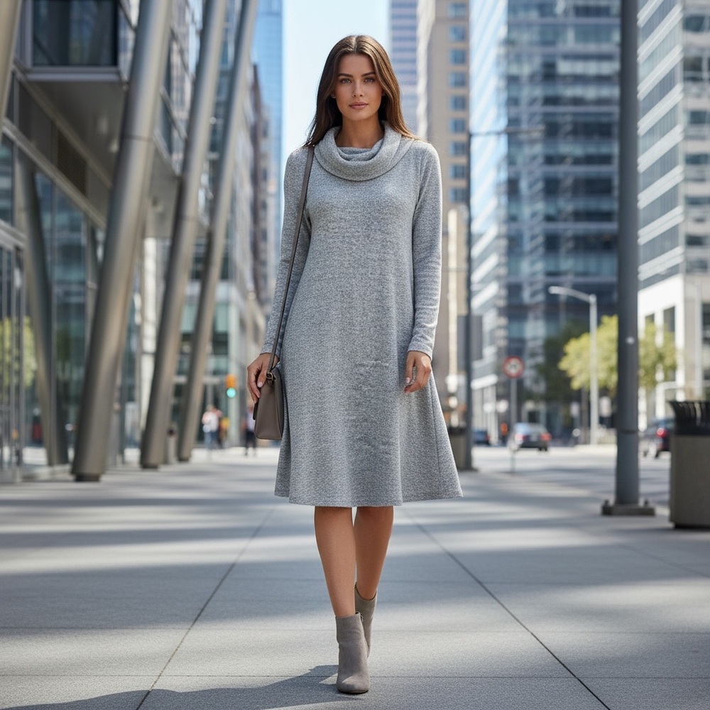 🌻NEW w/tag LOFT Heathered Gray Cowl Neck Super Soft Knit Shift Dress Size M